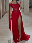 Sheath Off-the-Shoulder Pleated Sweep Train 30D Chiffon Corset Prom Dress