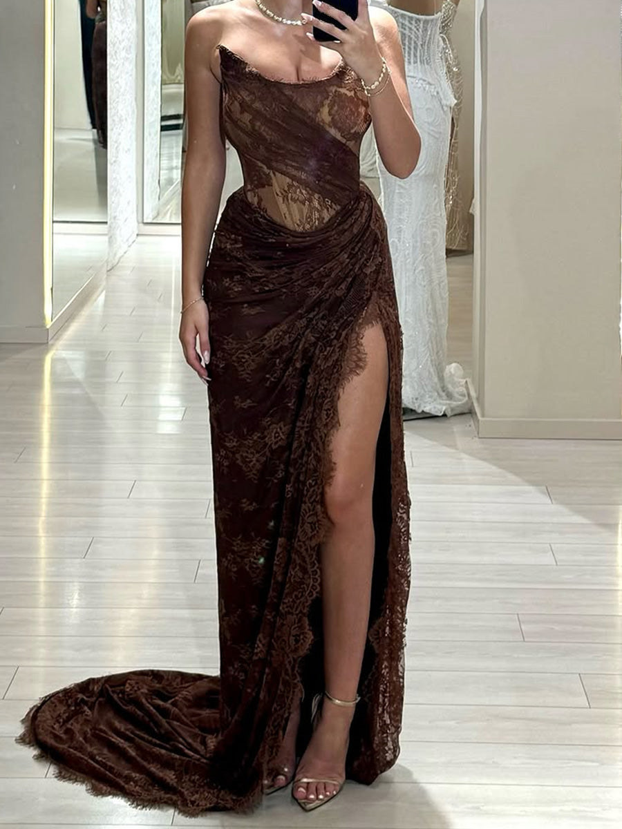 Sheath Straight Appliques Lace Court Train Lace Prom Dress