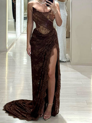 Sheath Straight Appliques Lace Court Train Lace Prom Dress