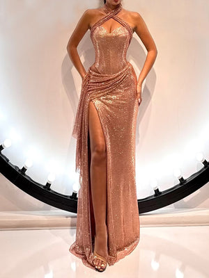 Sheath Halter Sequin Floor-Length Sequins Prom Dress