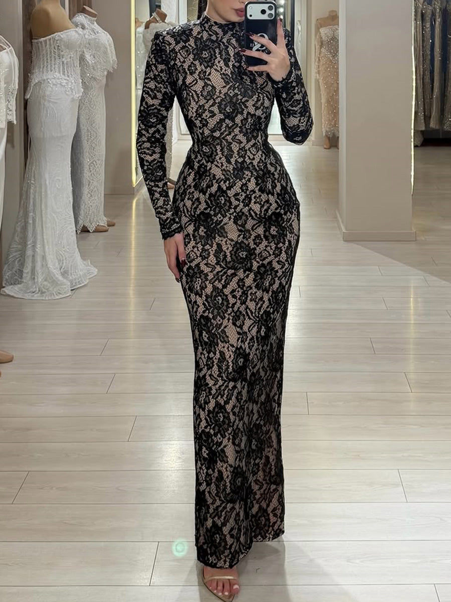 Sheath Scoop Long Sleeves Appliques Lace Floor-Length Lace Prom Dress