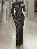 Sheath Scoop Long Sleeves Appliques Lace Floor-Length Lace Prom Dress