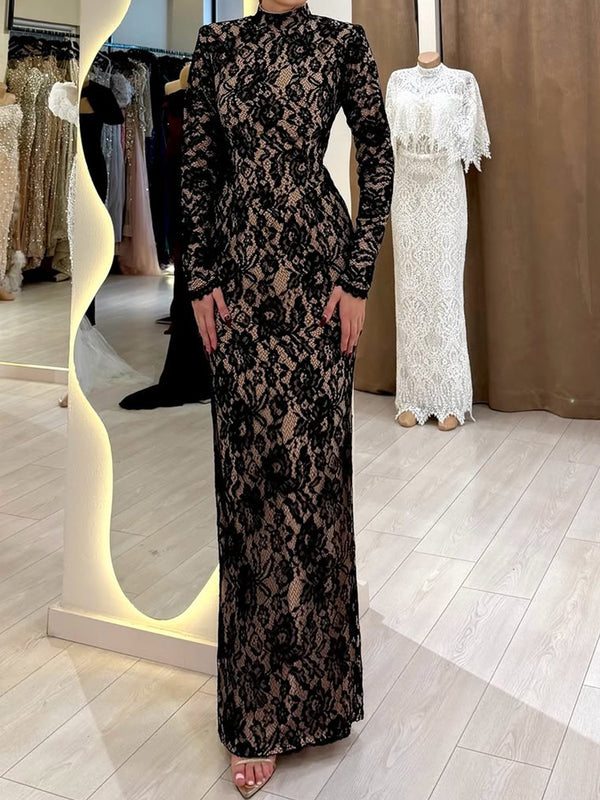 Sheath Scoop Long Sleeves Appliques Lace Floor-Length Lace Prom Dress