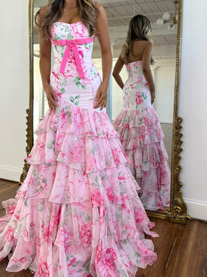 Sheath Straight Cascading Ruffles Sweep Train Corset Prom Dress