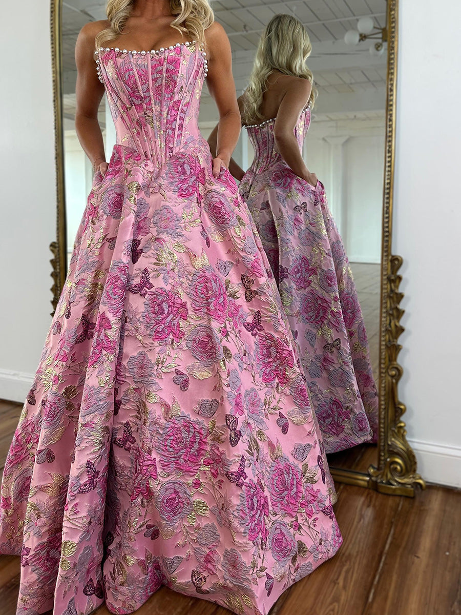 A-line Straight Beading Floor-Length Corset Prom Dress