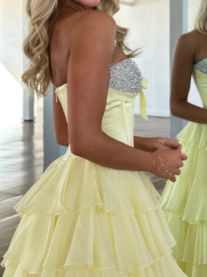 A-line Sweetheart Cascading Ruffles Sweep Train Chiffon Corset Prom Dress
