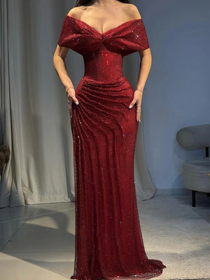 Sheath Off-the-Shoulder Sequin Floor-Length Corset Prom Dress