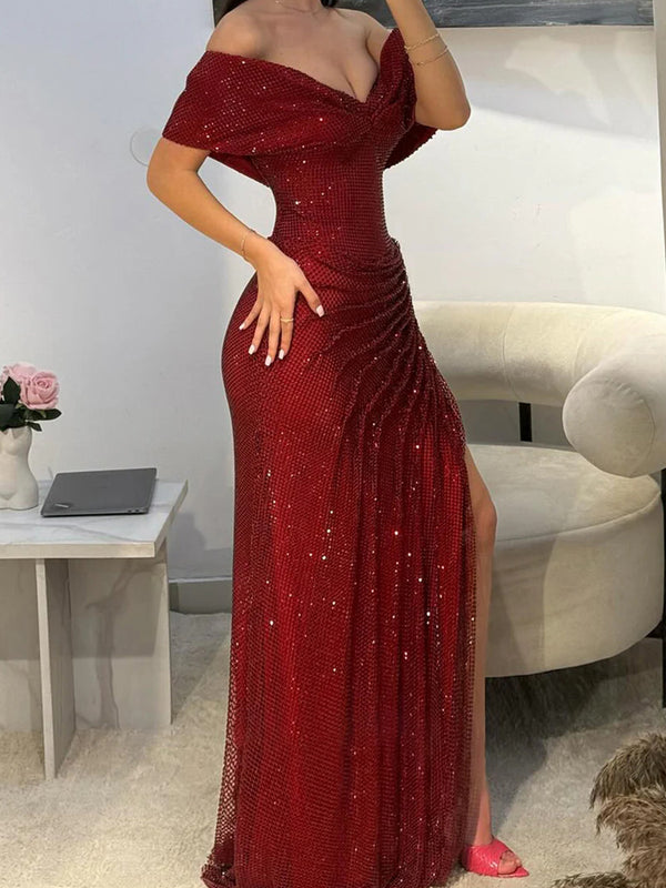 Sheath Off-the-Shoulder Sequin Floor-Length Corset Prom Dress