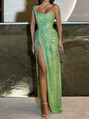 Sheath One-Shoulder Sequin Floor-Length Corset Prom Dress