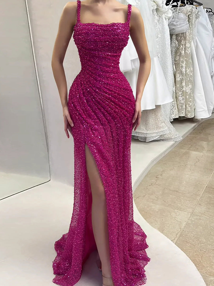 Sheath Square Sequin Sweep Train Corset Prom Dress
