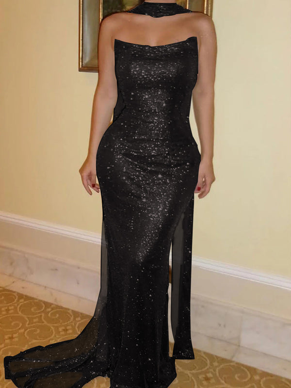 Sheath Straight Sequin Sweep Train Corset Prom Dress