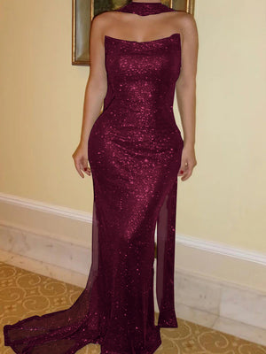 Sheath Straight Sequin Sweep Train Corset Prom Dress