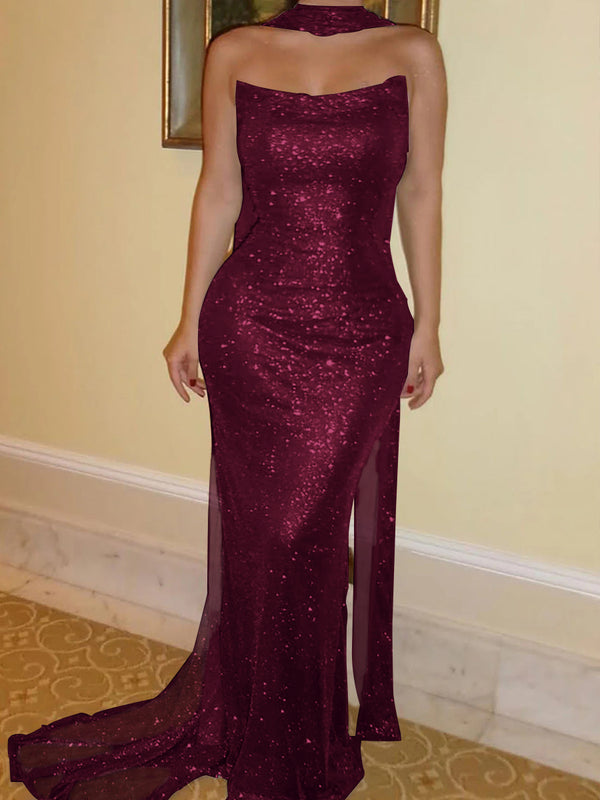 Sheath Straight Sequin Sweep Train Corset Prom Dress