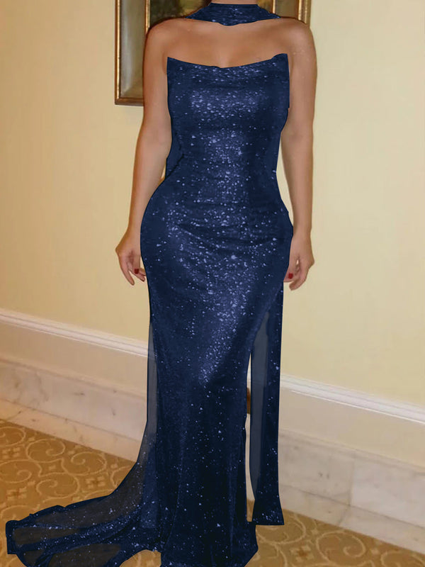 Sheath Straight Sequin Sweep Train Corset Prom Dress