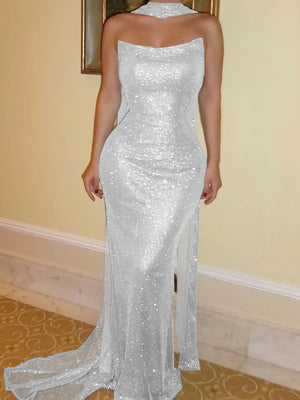 Sheath Straight Sequin Sweep Train Corset Prom Dress