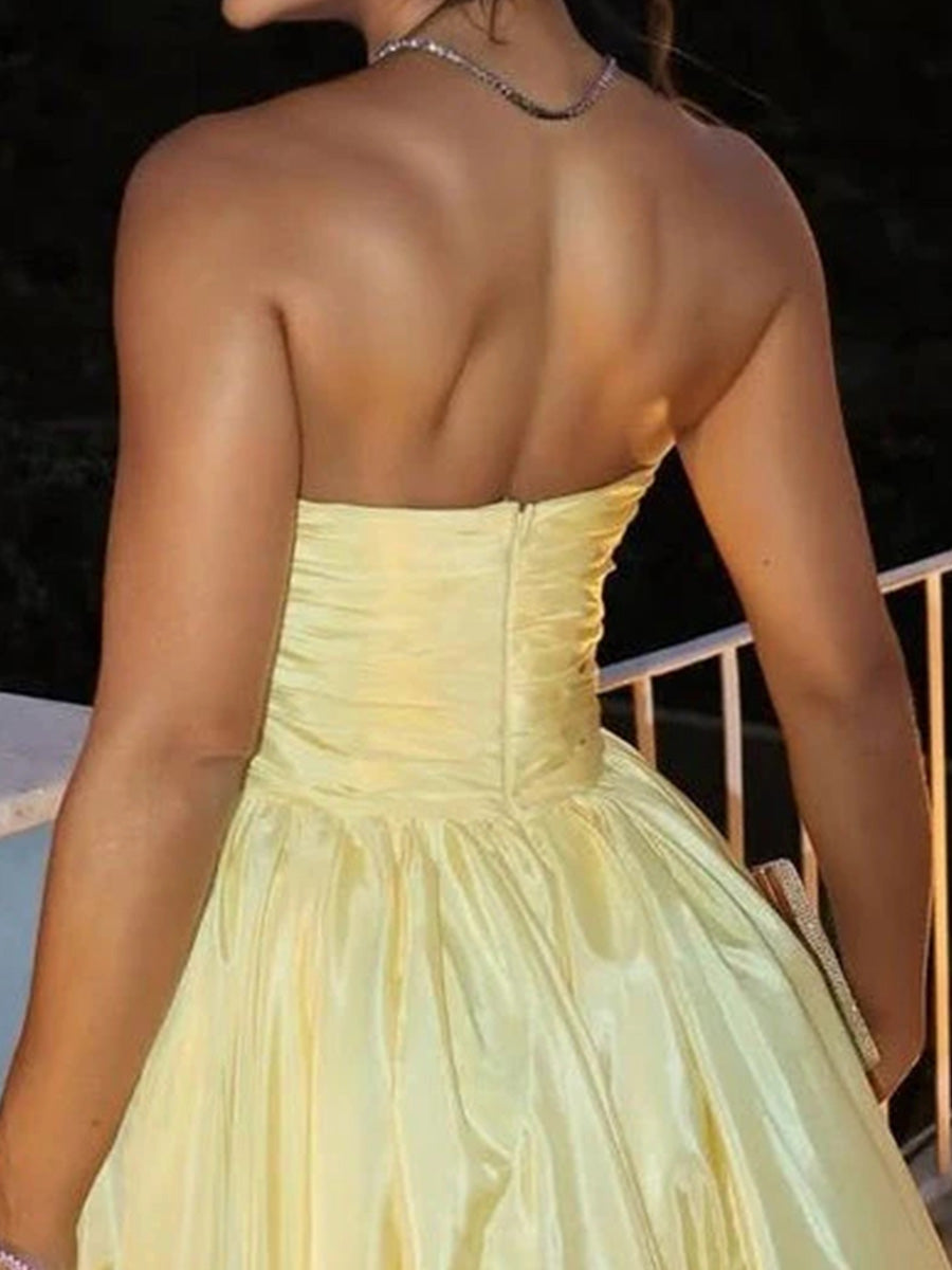A-line Straight Pleated Floor-Length Taffeta Corset Prom Dress