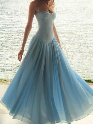 A-line Spaghetti Straps Ruffles Floor-Length Stretch Crepe Corset Prom Dress