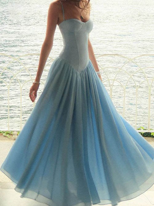 A-line Spaghetti Straps Ruffles Floor-Length Stretch Crepe Corset Prom Dress