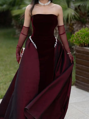 A-line Straight Ruffles Floor-Length Velvet Prom Dress