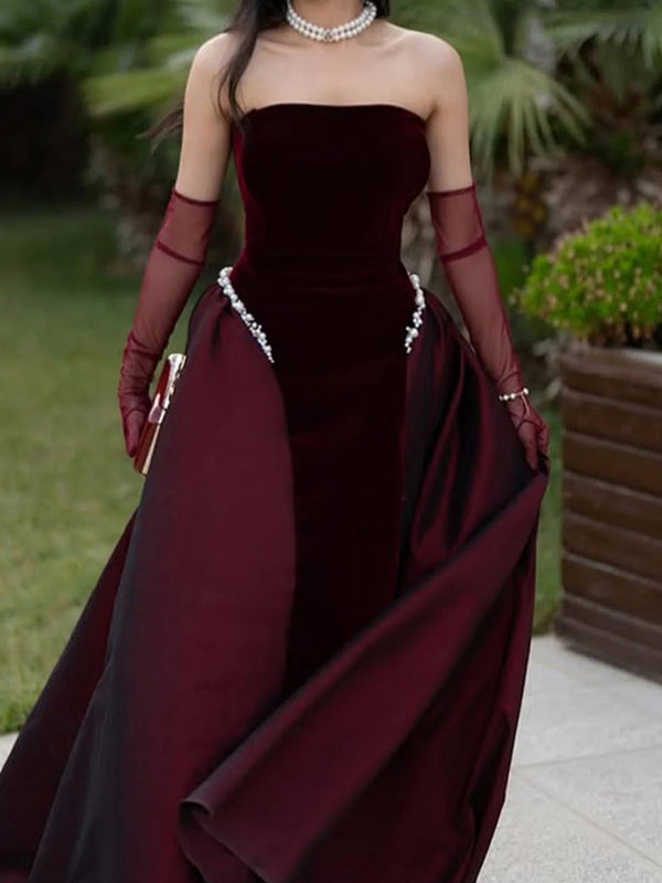 A-line Straight Ruffles Floor-Length Velvet Prom Dress