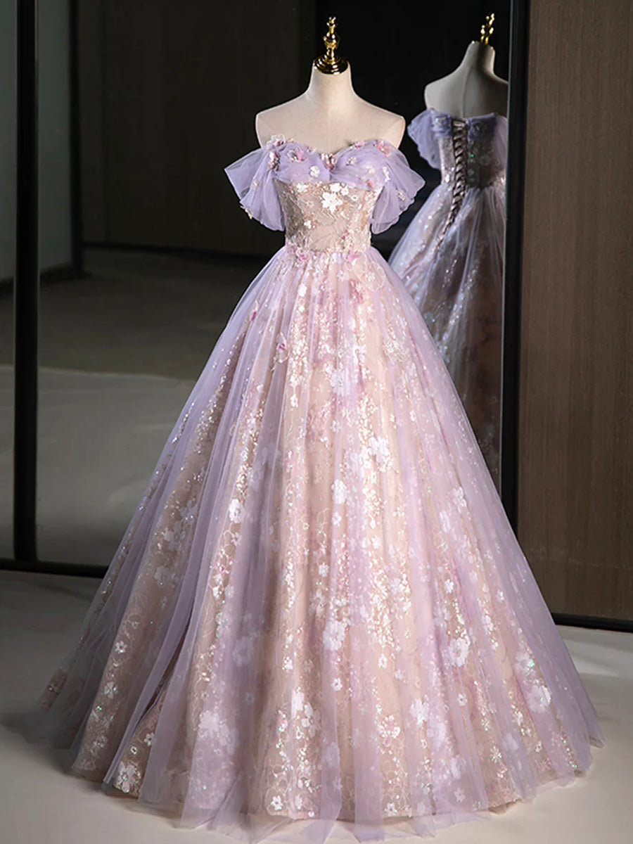 A-line Off-the-Shoulder Appliques Lace Floor-Length Lace Prom Dress