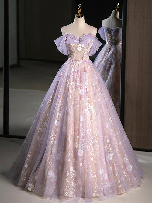 A-line Off-the-Shoulder Appliques Lace Floor-Length Lace Prom Dress