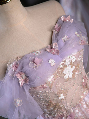 A-line Off-the-Shoulder Appliques Lace Floor-Length Lace Prom Dress
