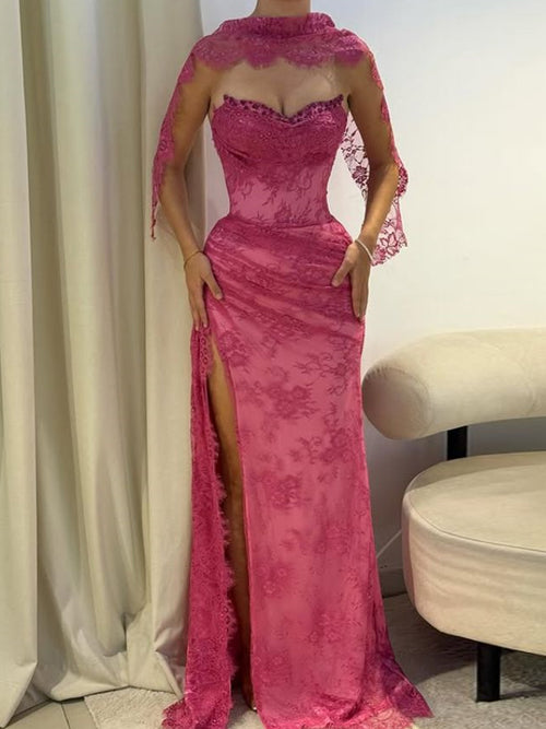Sheath Sweetheart Appliques Lace Sweep Train Tulle Prom Dress