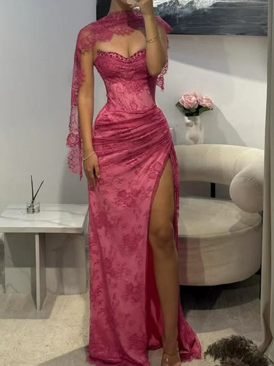 Sheath Sweetheart Appliques Lace Sweep Train Tulle Prom Dress