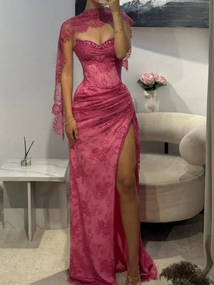 Sheath Sweetheart Appliques Lace Sweep Train Tulle Prom Dress