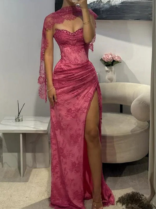 Sheath Sweetheart Appliques Lace Sweep Train Tulle Prom Dress