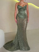 Sheath Sweetheart Sequin Sweep Train Satin Prom Dress