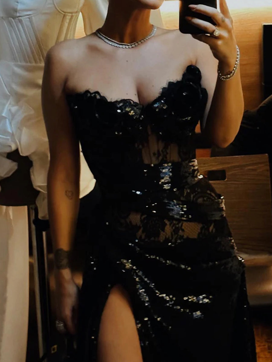 Sheath Straight Appliques Lace Floor-Length Sequins Corset Prom Dress