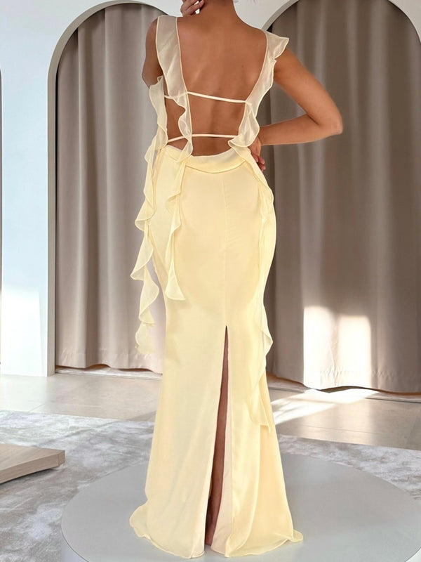 Sheath Square Ruffles Floor-Length 30D Chiffon Corset Prom Dress