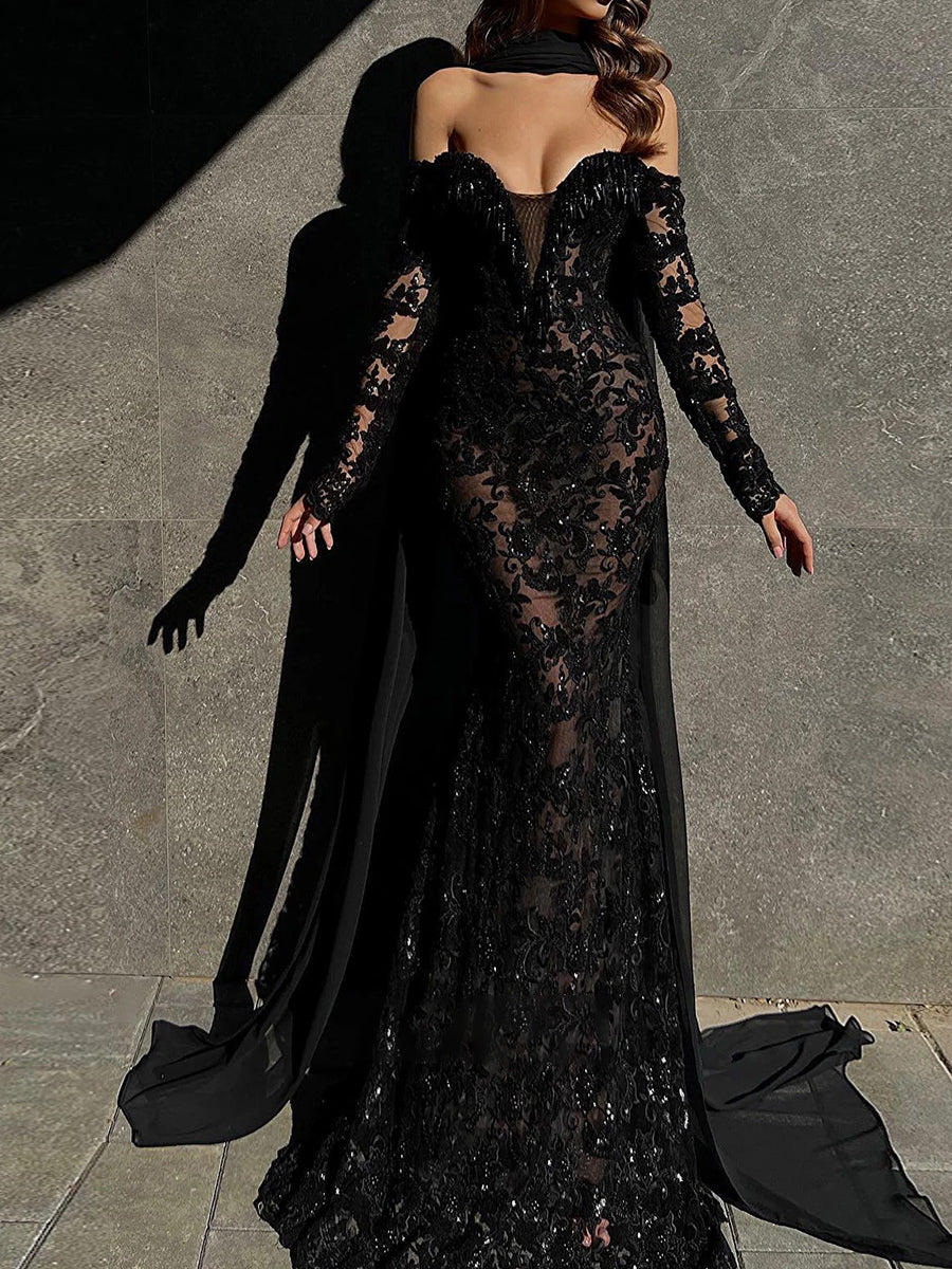 Mermaid Off-the-Shoulder Long Sleeves Sequin Sweep Train Chiffon Prom Dress