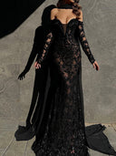 Mermaid Off-the-Shoulder Long Sleeves Sequin Sweep Train Chiffon Prom Dress