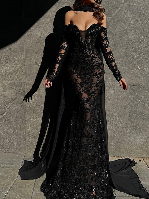 Mermaid Off-the-Shoulder Long Sleeves Sequin Sweep Train Chiffon Prom Dress
