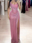 Sheath Straight Pleated Sweep Train Corset Prom Dress