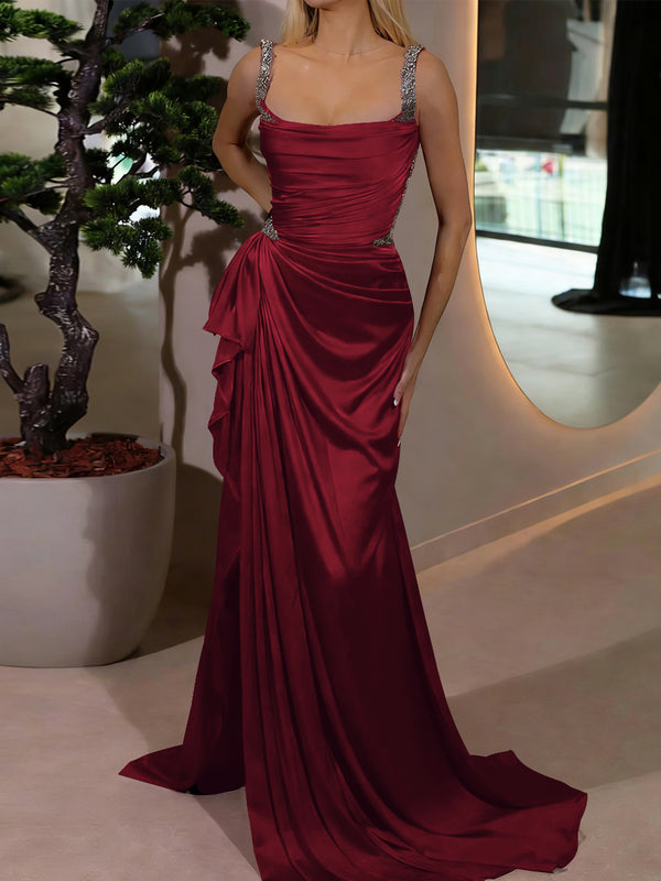 Sheath Square Beading Sweep Train Jersey Prom Dress