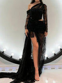 Sheath One-Shoulder Long Sleeves Appliques Lace Chapel Train Lace Prom Dress