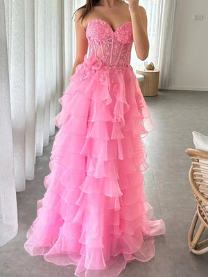 A-line Sweetheart Cascading Ruffles Floor-Length Tulle Corset Prom Dress
