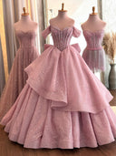A-line Off-the-Shoulder Beading Floor-Length Lace Corset Prom Dress