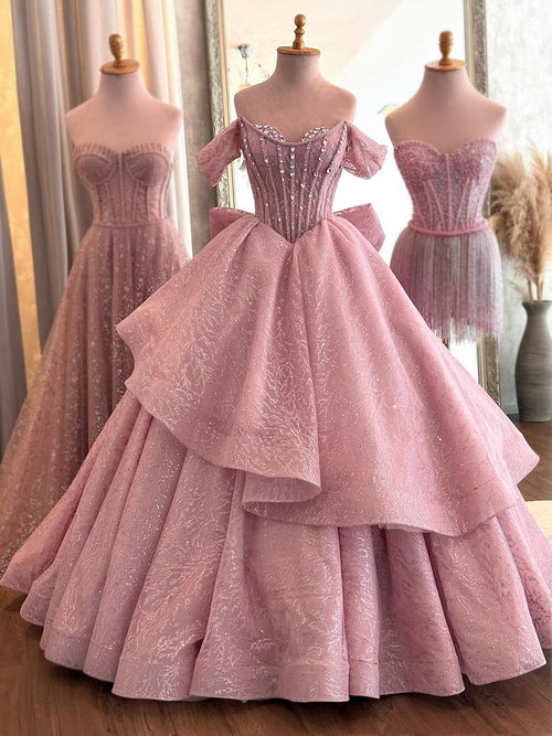 A-line Off-the-Shoulder Beading Floor-Length Lace Corset Prom Dress