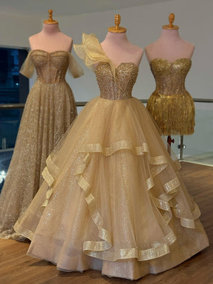 A-line One-Shoulder Sequin Floor-Length Corset Prom Dress