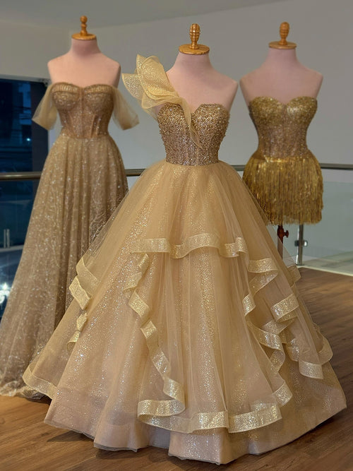 A-line One-Shoulder Sequin Floor-Length Corset Prom Dress
