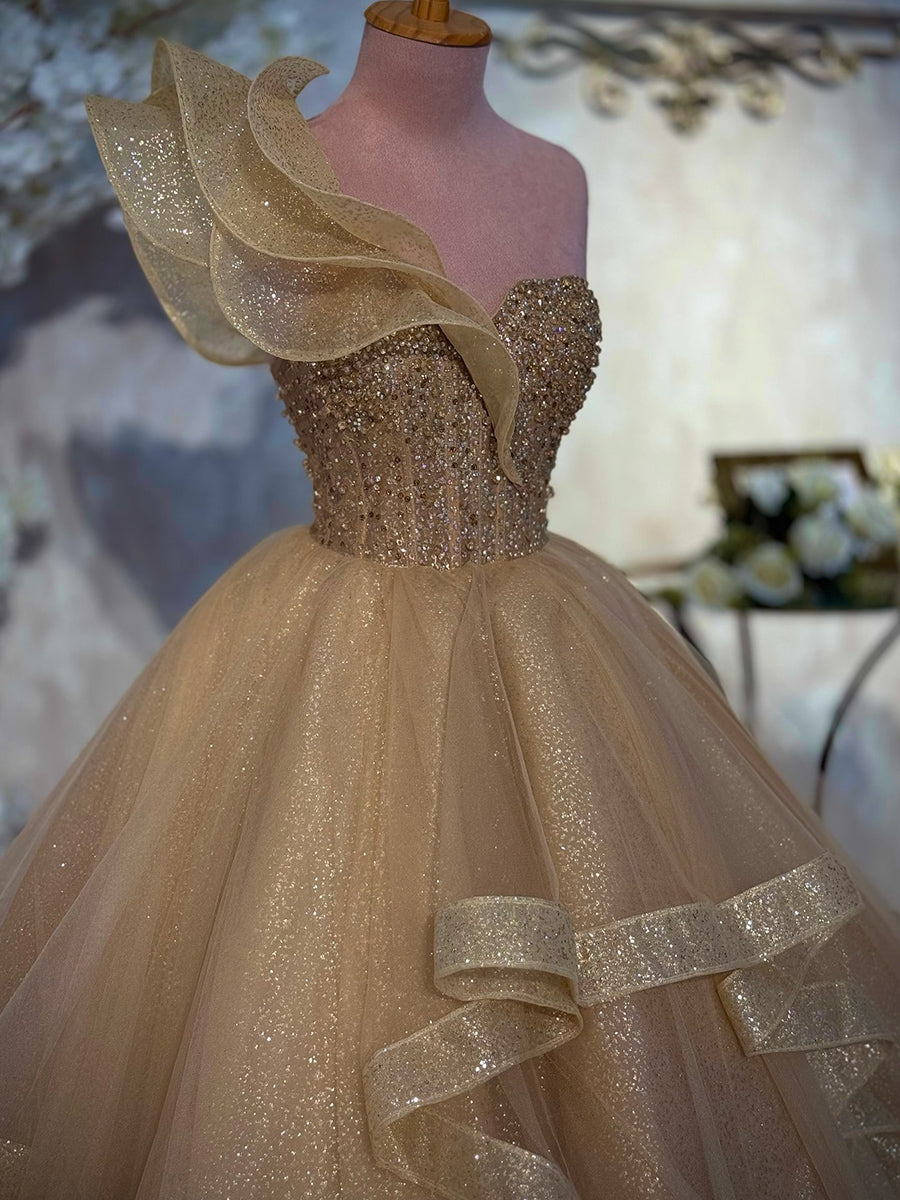 A-line One-Shoulder Sequin Floor-Length Corset Prom Dress