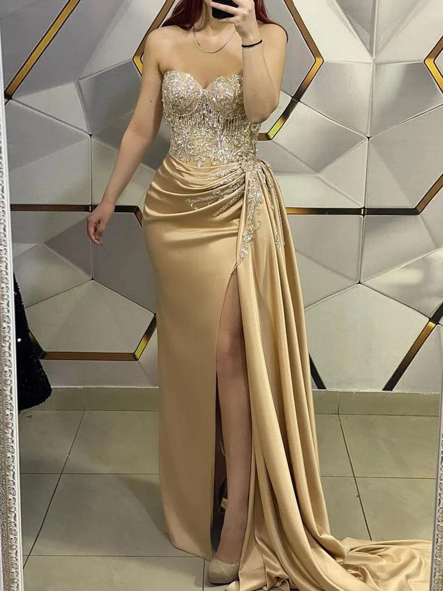 Sheath Sweetheart Pleated Floor-Length Silk Like Satin Corset Prom Dress