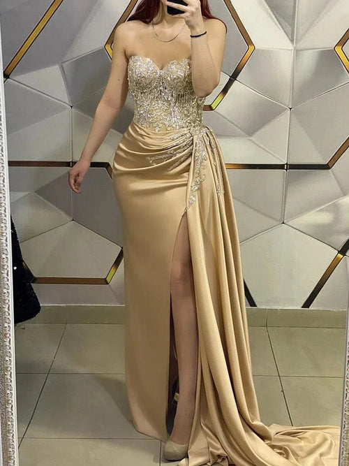 Sheath Sweetheart Pleated Floor-Length Silk Like Satin Corset Prom Dress