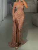 Sheath Off-the-Shoulder Sequin Sweep Train Lace Prom Dress