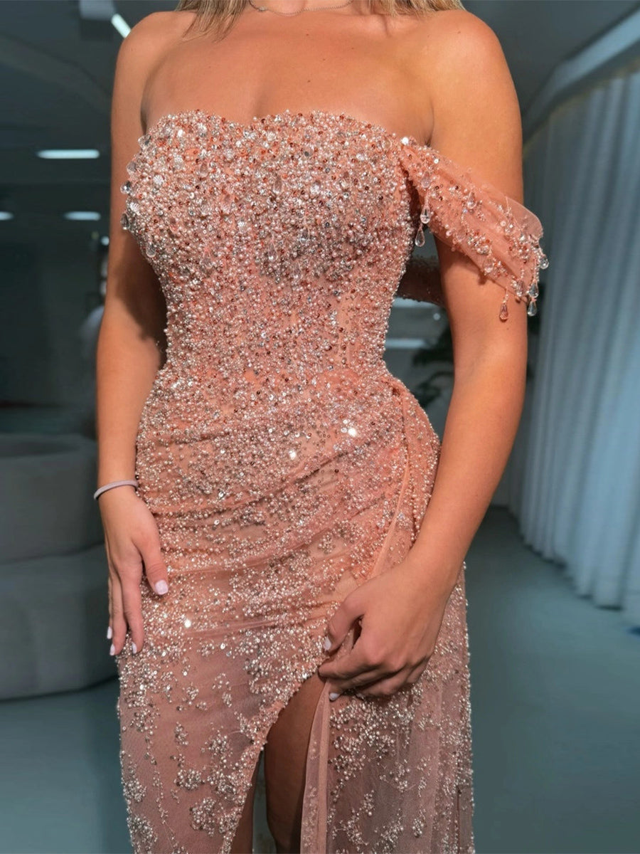 Sheath Off-the-Shoulder Sequin Sweep Train Lace Prom Dress